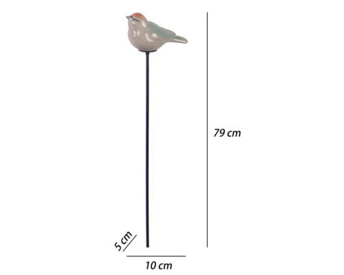 Gartenstecker Vogel aus Keramik auf Metallstab, Höhe 79 Zentimeter, Breite 10 Zentimeter, Tiefe 5 Zentimeter.