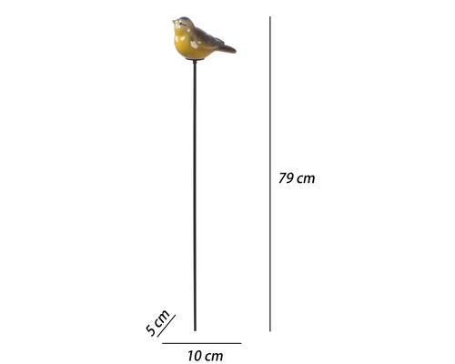 Gartenstecker mit Keramikvogel auf Metallstab, Höhe 79 Zentimeter, Breite 10 Zentimeter, Tiefe 5 Zentimeter.