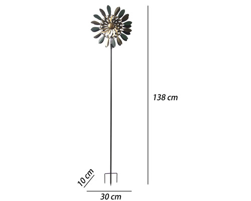 Windrad aus Metall für den Garten mit floralem Design auf Stab, Maße 138 Zentimeter hoch, 30 Zentimeter breit und 10 Zentimeter tief.