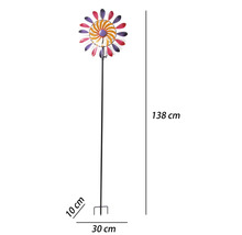 Gartenstecker Windrad aus Metall, buntes Blumendesign, Höhe 138 Zentimeter, Breite 30 Zentimeter, Tiefe 10 Zentimeter, mit Erdspieß.