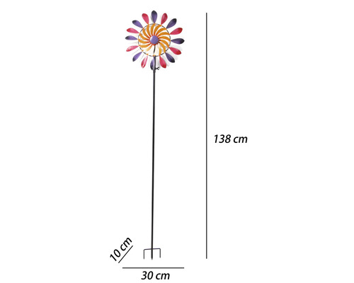 Gartenstecker Windrad aus Metall, buntes Blumendesign, Höhe 138 Zentimeter, Breite 30 Zentimeter, Tiefe 10 Zentimeter, mit Erdspieß.