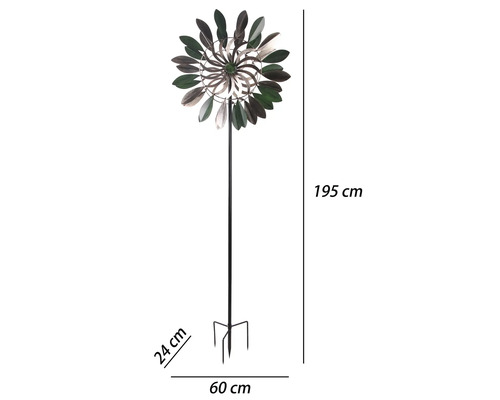 Windrad für den Garten aus Metall mit den Maßen 195 Zentimeter Höhe, 60 Zentimeter Breite und 24 Zentimeter Tiefe.