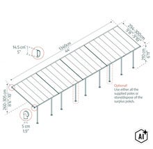 Technische Zeichnung einer Terrassenüberdachung mit detaillierten Maßen in Zentimetern und Fußangaben sowie optionalen Pfosten. (Image AI modified or generated)