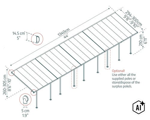 Technische Zeichnung einer Terrassenüberdachung mit detaillierten Maßen in Zentimetern und Fußangaben sowie optionalen Pfosten. (Image AI modified or generated)