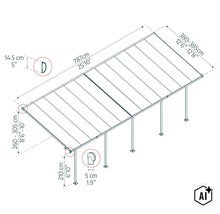 Technische Maßzeichnung einer Terrassenüberdachung mit Pfosten und variablen Abmessungen für eine detaillierte Planung der Montage. (Image AI modified or generated)