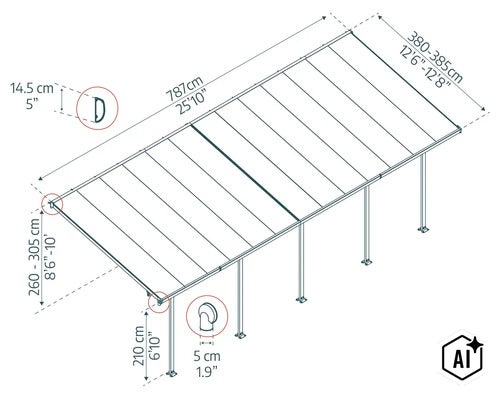 Technische Maßzeichnung einer Terrassenüberdachung mit Pfosten und variablen Abmessungen für eine detaillierte Planung der Montage. (Image AI modified or generated)