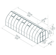 Maßzeichnung eines Gewächshauses: Länge 723 Zentimeter, Breite 244 Zentimeter, Höhe 219 Zentimeter.