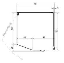 Maßzeichnung einer Revisionsblende mit Abmessungen von 157 Millimetern Breite und 153 Millimetern Höhe.