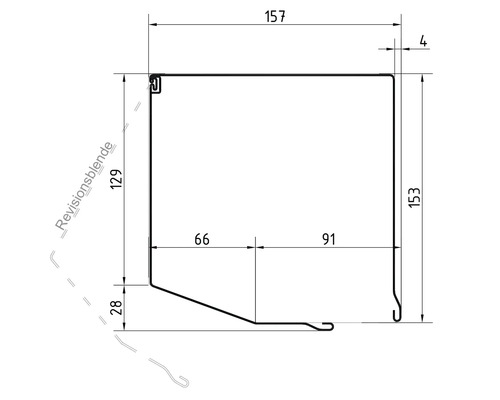 Maßzeichnung einer Revisionsblende mit Abmessungen von 157 Millimetern Breite und 153 Millimetern Höhe.