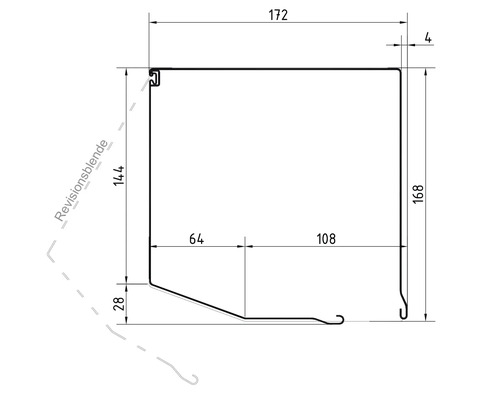 Technische Zeichnung eines Rollladenkastens mit Abmessungen und der Beschriftung Revisionsblende.