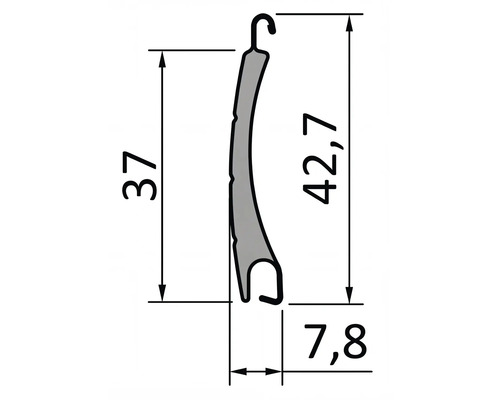 Technische Zeichnung eines Rollladenprofils mit den Maßen 37 Millimeter, 42,7 Millimeter und 7,8 Millimeter.