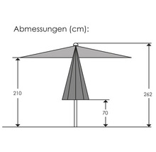 Maßzeichnung eines Sonnenschirms mit Höhenangaben in Zentimeter: Gesamthöhe 262, Durchgangshöhe 210 und Bodenabstand 70.