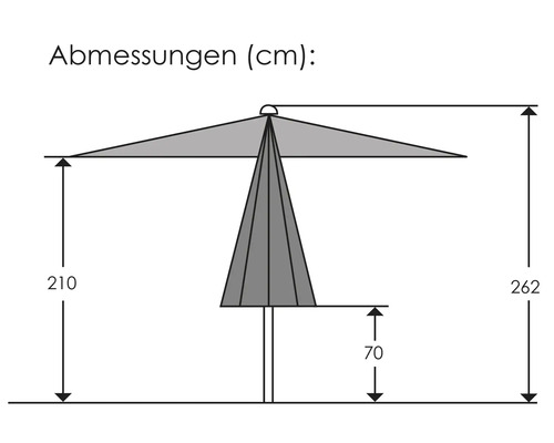 Maßzeichnung eines Sonnenschirms mit Höhenangaben in Zentimeter: Gesamthöhe 262, Durchgangshöhe 210 und Bodenabstand 70.