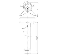 Technische Zeichnung Möbelfuß mit Maßen. Draufsicht der Montageplatte und Seitenansicht mit Durchmesser 60 Millimeter und verstellbarer Höhe.