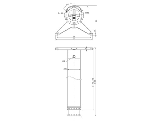 Technische Zeichnung Möbelfuß mit Maßen. Draufsicht der Montageplatte und Seitenansicht mit Durchmesser 60 Millimeter und verstellbarer Höhe.
