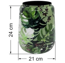 Vase mit Monstera Blattmuster, Höhe 24 Zentimeter, Durchmesser 21 Zentimeter.