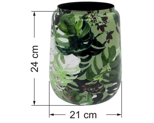 Vase mit Monstera Blattmuster, Höhe 24 Zentimeter, Durchmesser 21 Zentimeter.