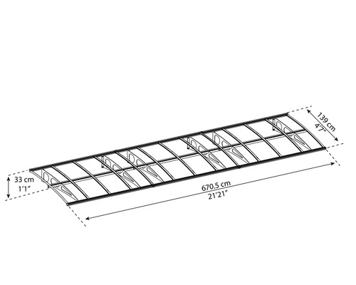 Technische Zeichnung eines Vordachrahmens mit den Maßen 670,5 Zentimeter Länge, 139 Zentimeter Tiefe und 33 Zentimeter Höhe.