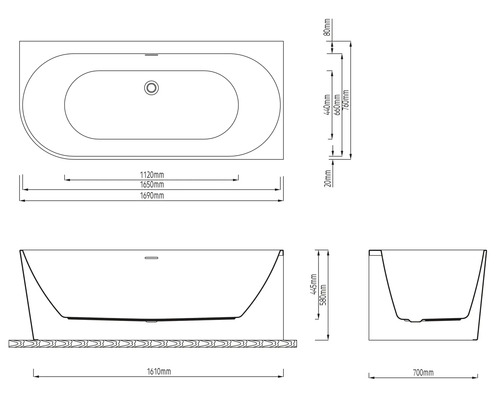Technische Zeichnung einer Badewanne mit Maßangaben in Millimeter für Länge, Breite und Höhe in der Draufsicht, Frontalansicht und Seitenansicht.
