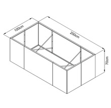 Maßzeichnung eines Hochbeets mit den Maßen 200 Zentimeter Länge, 100 Zentimeter Breite und 70 Zentimeter Höhe.