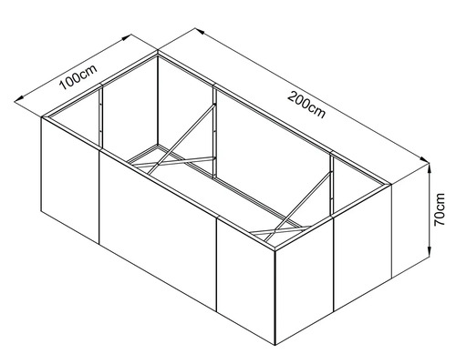 Maßzeichnung eines Hochbeets mit den Maßen 200 Zentimeter Länge, 100 Zentimeter Breite und 70 Zentimeter Höhe.