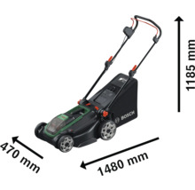 Bosch Akku-Rasenmäher mit Maßen: Höhe 1185 Millimeter, Länge 1480 Millimeter und Breite 470 Millimeter.