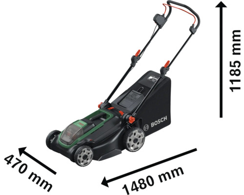 Bosch Akku-Rasenmäher mit Maßen: Höhe 1185 Millimeter, Länge 1480 Millimeter und Breite 470 Millimeter.