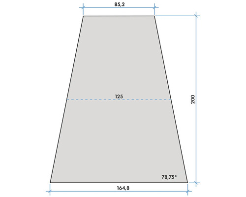 Maßzeichnung eines Trapez: Breite oben 85,2, unten 164,8, Mitte 125, Höhe 200 und Winkel 78,75 Grad.