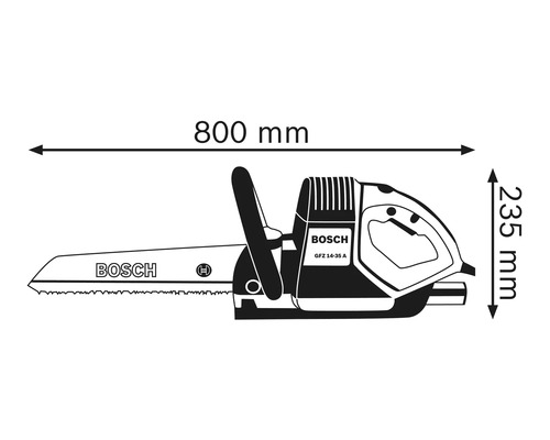 Maßzeichnung der Bosch Elektro Fuchsschwanz Säge GFZ 14-35 A mit einer Länge von 800 Millimeter und einer Höhe von 235 Millimeter.