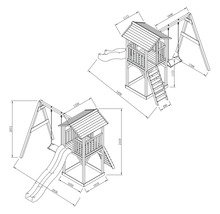 Technische Zeichnung eines Spielturms aus Holz mit Rutsche, Schaukel und Leiter inklusive Maßangaben in Millimetern.