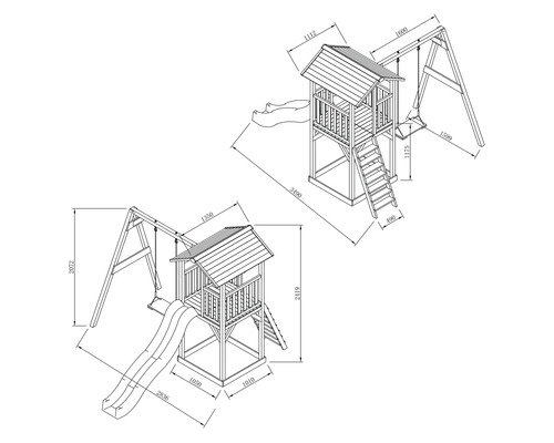 Technische Zeichnung eines Spielturms aus Holz mit Rutsche, Schaukel und Leiter inklusive Maßangaben in Millimetern.