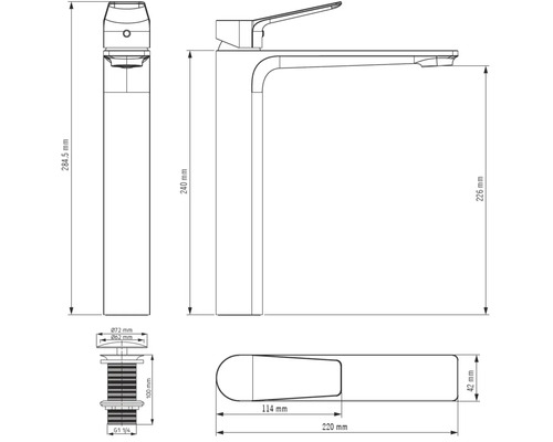 Maßzeichnung einer Waschtischarmatur mit Maßangaben in Millimetern. Die Gesamthöhe beträgt 284,5 Millimeter.