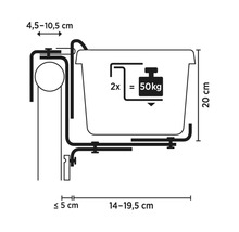 Halter Maße: Geländer 4,5-10,5 Zentimeter, Pfosten 5 Zentimeter, Höhe 20 Zentimeter, Breite 14-19,5 Zentimeter, Tragkraft 50 Kilogramm.