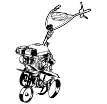 Illustration einer Benzin-Gartenfräse mit Motor, Führungsholm und Hackmessern.