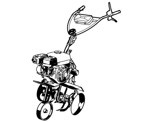 Illustration einer Benzin-Gartenfräse mit Motor, Führungsholm und Hackmessern.