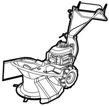 Kreiselmäher mit Motor, Rädern und Führungsholm.