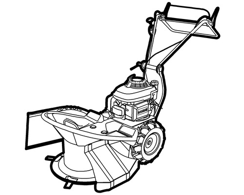 Kreiselmäher mit Motor, Rädern und Führungsholm.