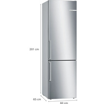 Bosch Kühl-Gefrier-Kombination, Edelstahl-Optik, Bosch Logo. Höhe 201 Zentimeter, Breite 60 Zentimeter, Tiefe 65 Zentimeter.