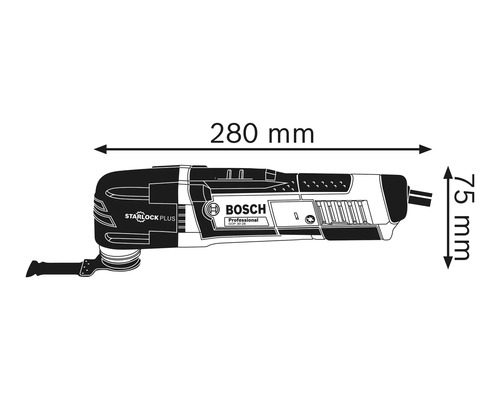 Bosch Professional Multi-Cutter mit Maßen: Länge 280 Millimeter und Höhe 75 Millimeter.