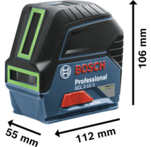 Bosch Professional Kreuzlinienlaser GCL 2-15 G mit Abmessungen von 112 Millimeter Länge, 106 Millimeter Höhe und 55 Millimeter Breite.