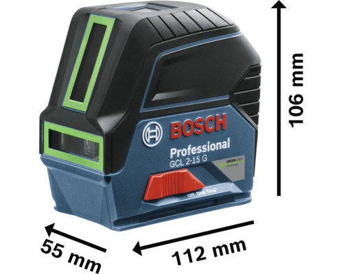 Bosch Professional Kreuzlinienlaser GCL 2-15 G mit Abmessungen von 112 Millimeter Länge, 106 Millimeter Höhe und 55 Millimeter Breite.