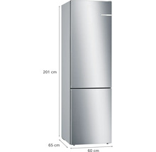 Bosch Kühl-Gefrier-Kombination in Edelstahl-Optik mit Maßen 201 Zentimeter Höhe, 60 Zentimeter Breite und 65 Zentimeter Tiefe.