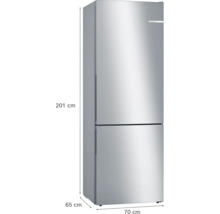 Bosch Kühl-Gefrier-Kombination in Edelstahl-Optik, Höhe 201 Zentimeter, Breite 70 Zentimeter, Tiefe 65 Zentimeter.