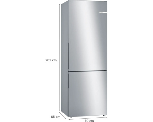 Bosch Kühl-Gefrier-Kombination in Edelstahl-Optik, Höhe 201 Zentimeter, Breite 70 Zentimeter, Tiefe 65 Zentimeter.
