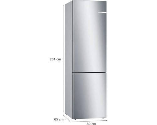 Bosch Kühl-Gefrier-Kombination in Edelstahl-Optik mit Maßen 201 Zentimeter Höhe, 60 Zentimeter Breite und 65 Zentimeter Tiefe.