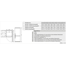 Maßzeichnung für Kühl-Gefrier-Kombinationen KGV39, KGE39 und KGE49 mit detaillierten Maßangaben zu Höhe, Breite und Tiefe in Millimeter.