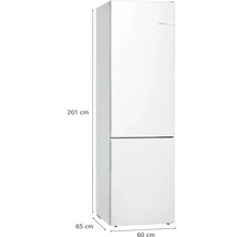 Weiße Bosch Kühl-Gefrierkombination, Höhe 201 Zentimeter, Breite 60 Zentimeter, Tiefe 65 Zentimeter.