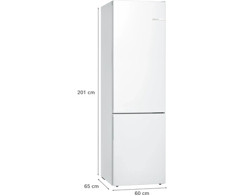 Weiße Bosch Kühl-Gefrierkombination, Höhe 201 Zentimeter, Breite 60 Zentimeter, Tiefe 65 Zentimeter.