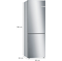 Bosch Kühl-Gefrierkombination in Edelstahl-Optik, Höhe 186 Zentimeter, Breite 60 Zentimeter, Tiefe 65 Zentimeter.