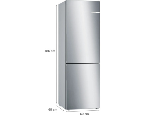 Bosch Kühl-Gefrierkombination in Edelstahl-Optik, Höhe 186 Zentimeter, Breite 60 Zentimeter, Tiefe 65 Zentimeter.